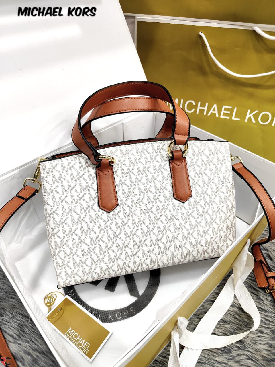 Michael Kors Emma Vanilla Signature handbag rear view with branded box