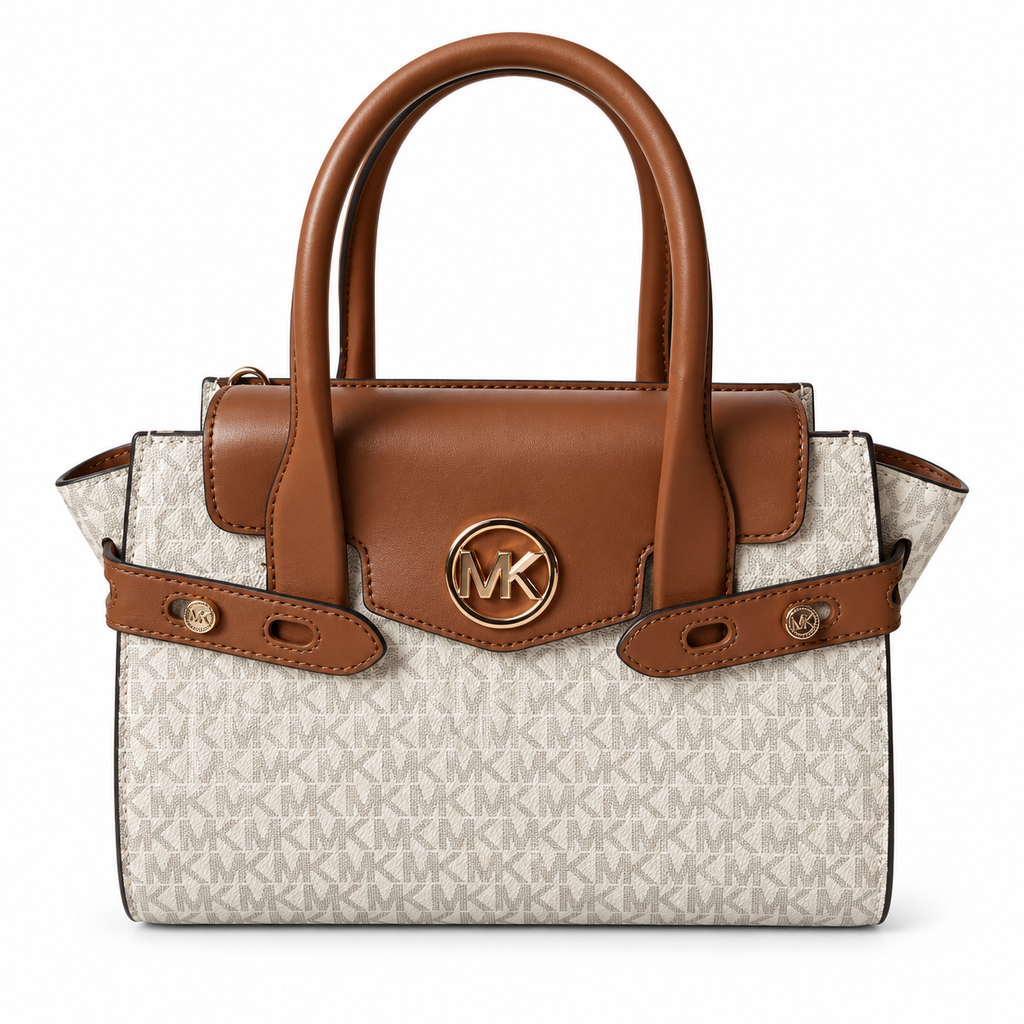 Michael Kors Carmen flap handbag in Vanilla Signature on white background