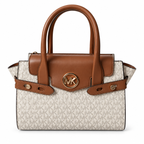 Michael Kors Carmen flap handbag in Vanilla Signature on white background