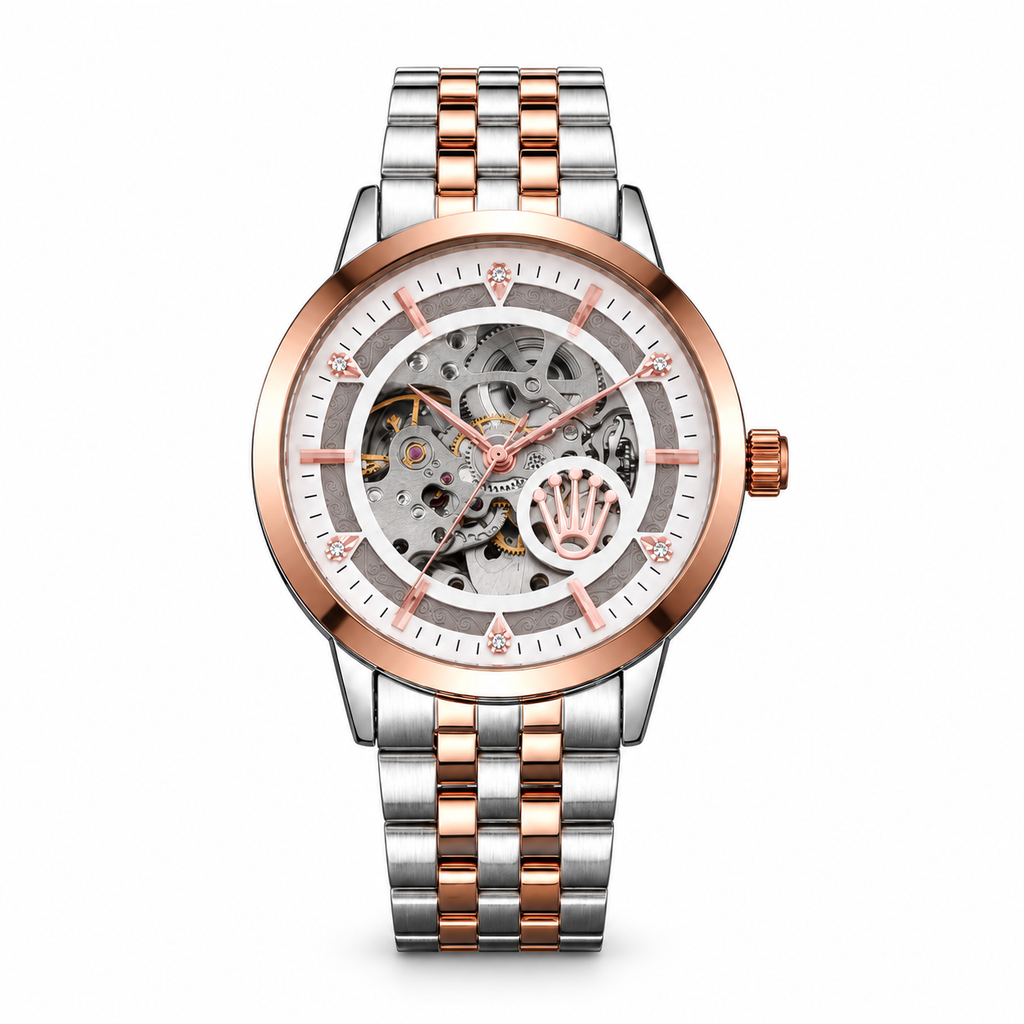 Rolex automatic skeleton watch in Silver Rose Gold and White on white background