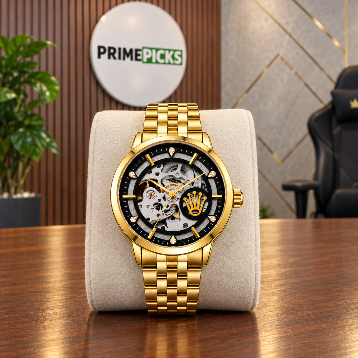 Rolex automatic skeleton watch in Gold and Black in the PrimePicks office
