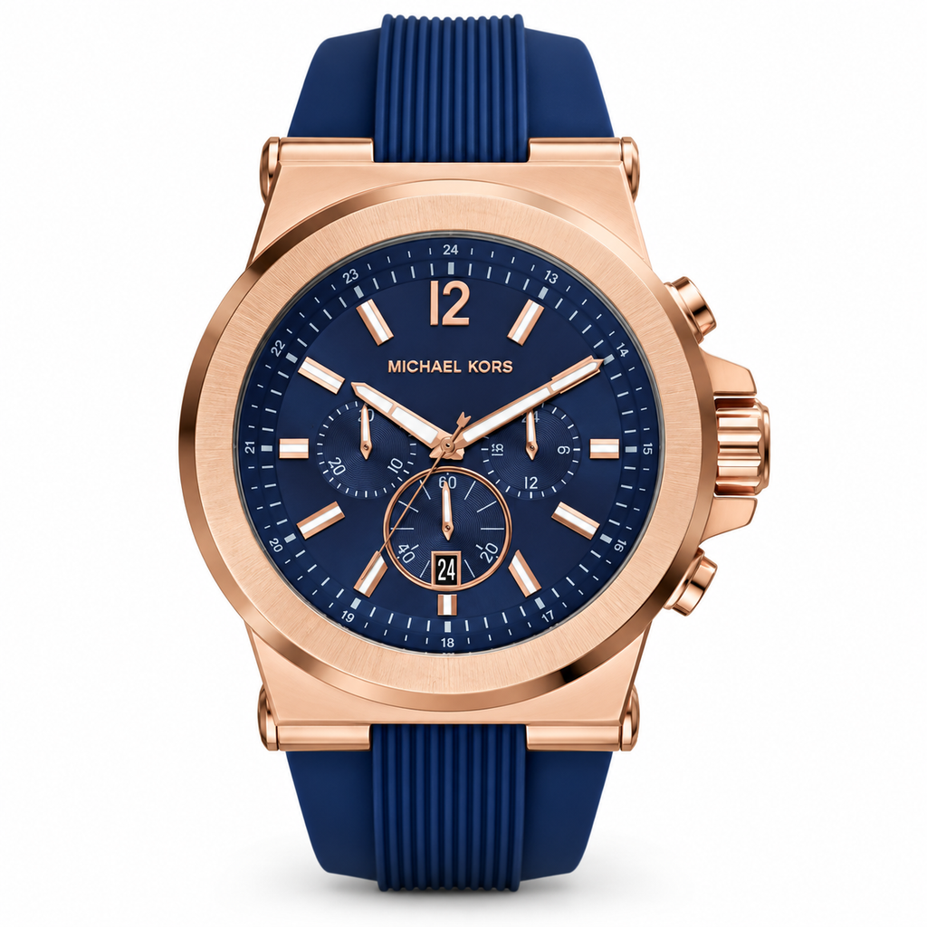Michael Kors Dylan chronograph in rose gold and navy blue on a white background