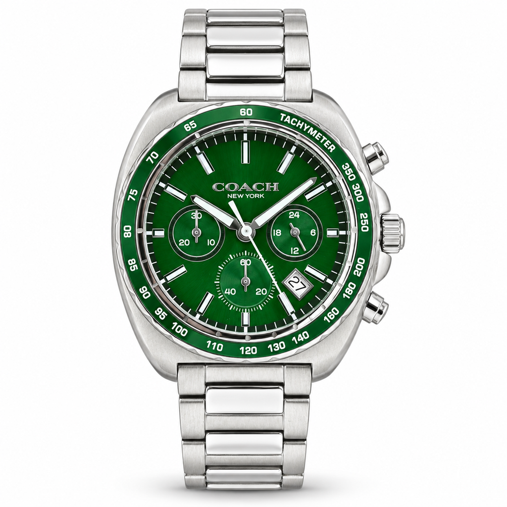 Coach Charter 14602738 silver watch with green dial on white background