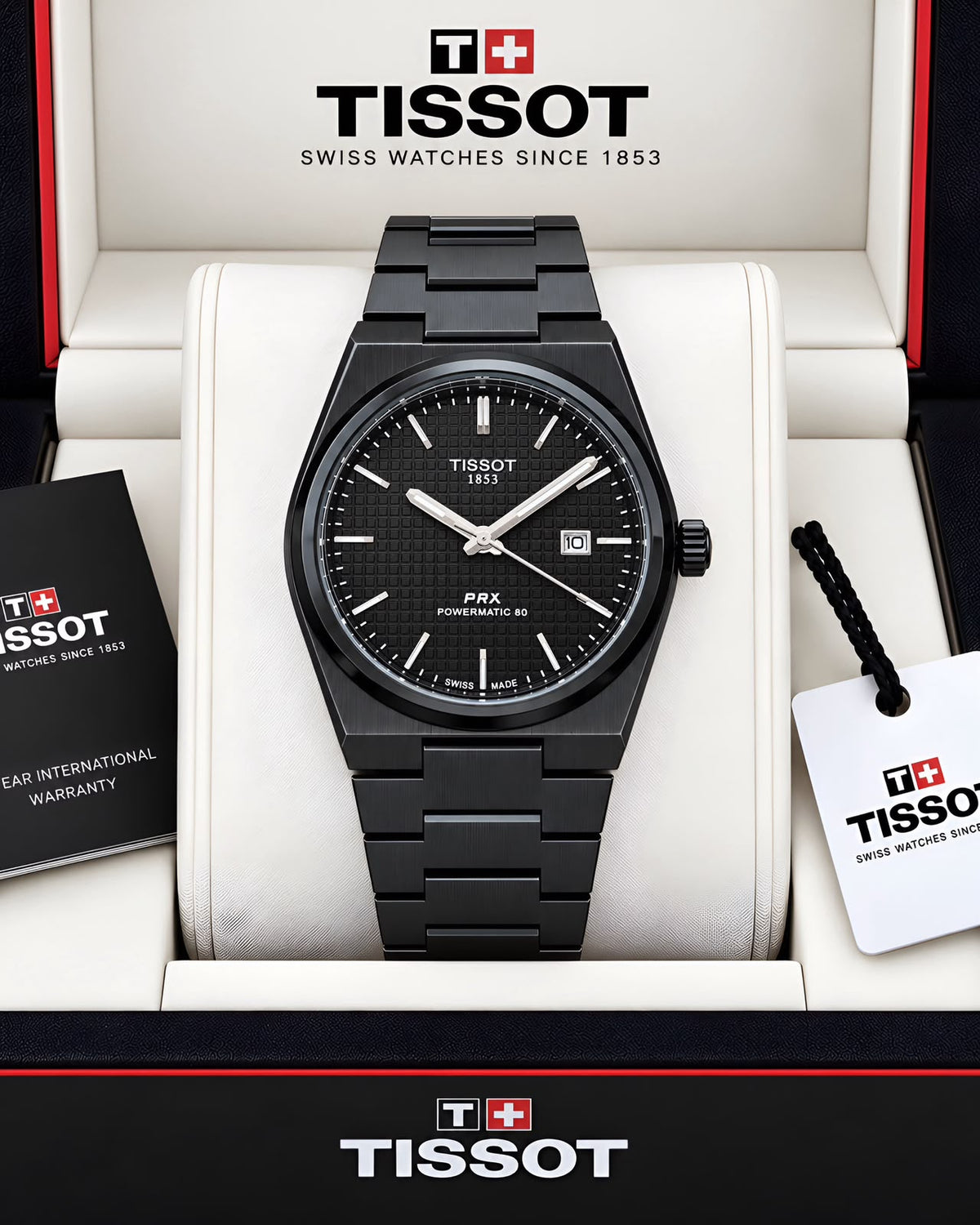 Tissot PRX Z-Black watch displayed with Tissot box