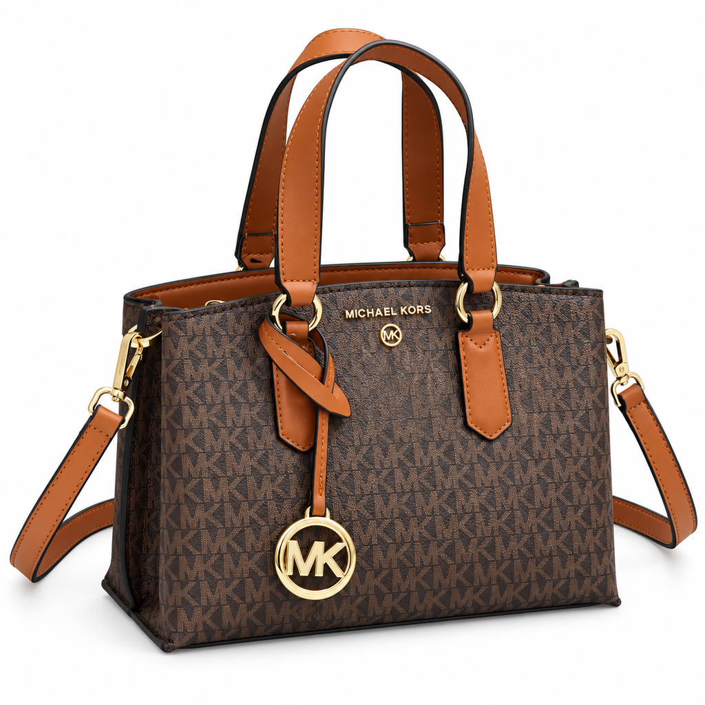 Michael Kors Emma Brown Signature handbag on white background