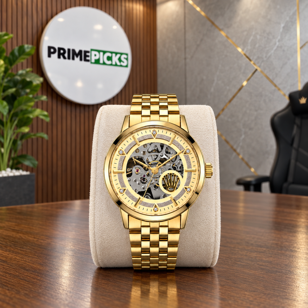 Rolex automatic skeleton watch in Gold and Champagne in the PrimePicks office