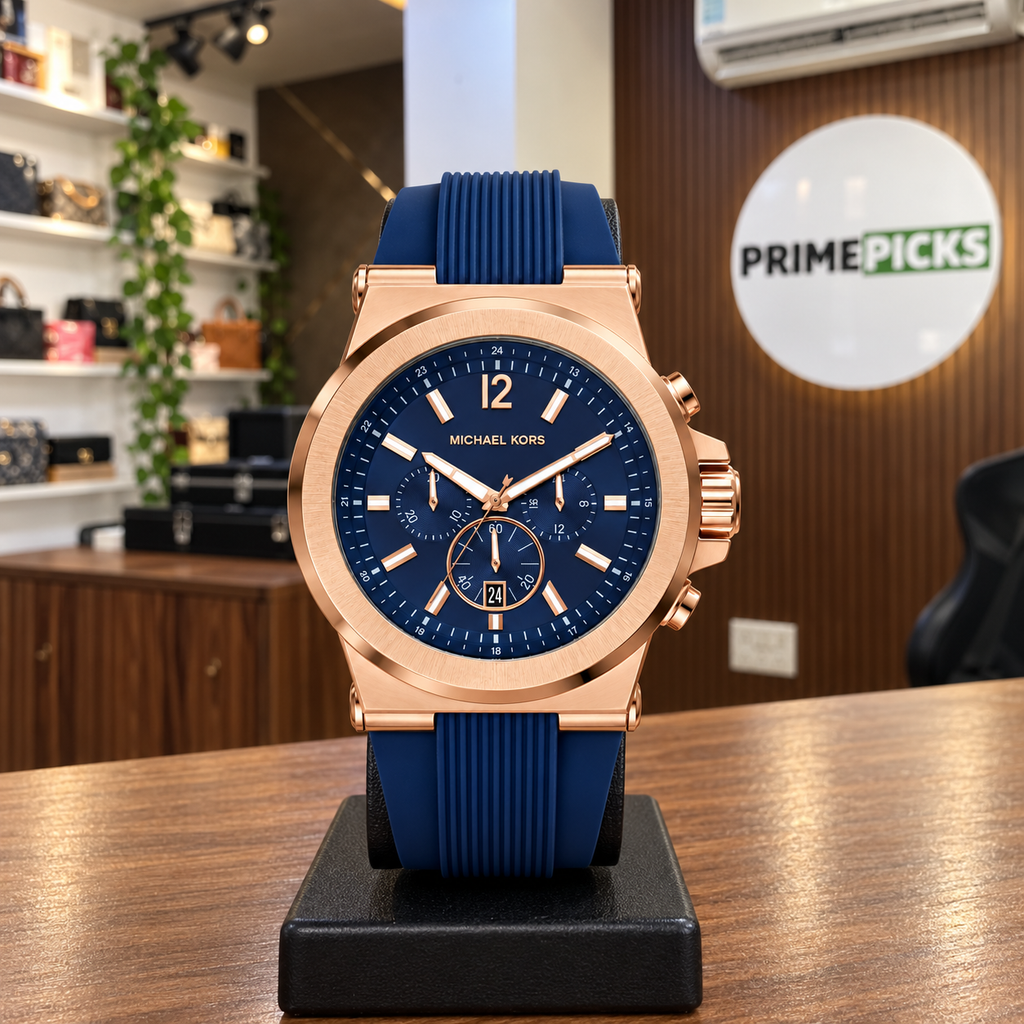Michael Kors Dylan chronograph in rose gold and navy blue in the PrimePicks office