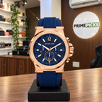 Michael Kors Dylan chronograph in rose gold and navy blue in the PrimePicks office