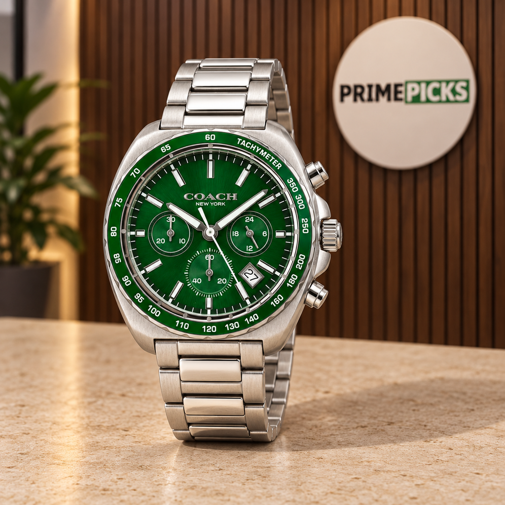 Coach Charter 14602738 silver and green watch in PrimePicks office setting