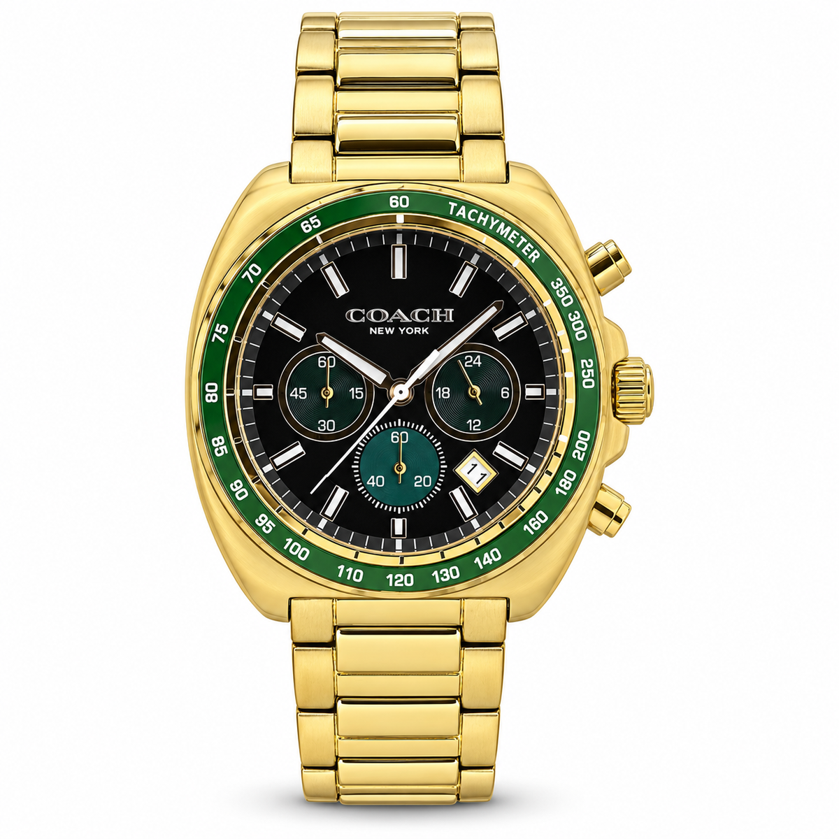 Coach Charter 14602738 gold watch with black and green dial on white background