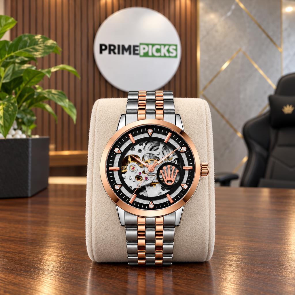 Rolex automatic skeleton watch in Silver Rose Gold and Black in the PrimePicks office