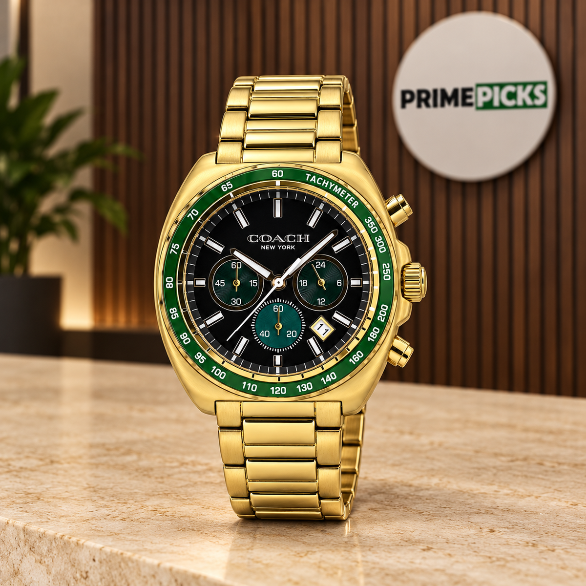 Coach Charter 14602738 gold black and green watch in PrimePicks office setting