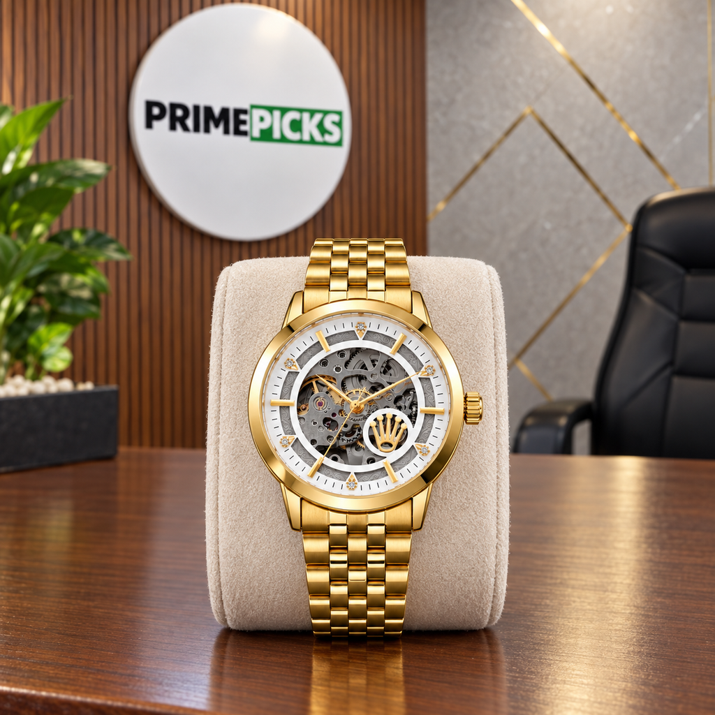 Rolex automatic skeleton watch in Gold and White in the PrimePicks office