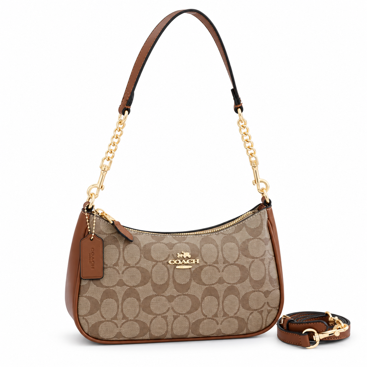 Coach Teri shoulder bag in Khaki/Saddle Signature on white background