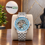 Rolex automatic skeleton watch in Silver and Sky Blue in the PrimePicks office