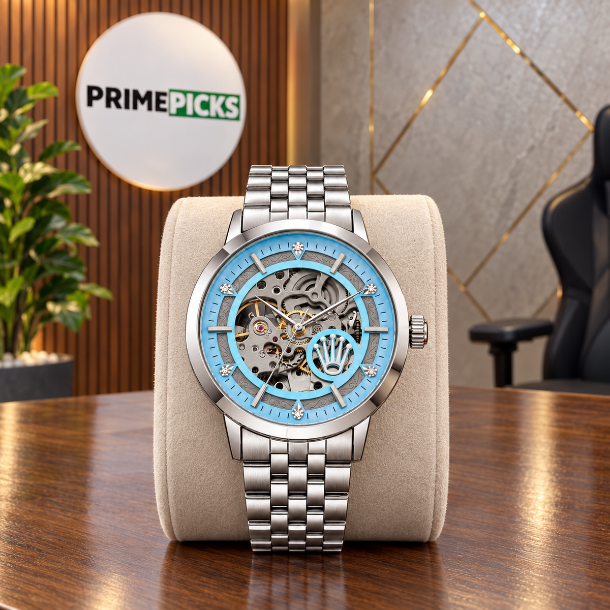 Rolex automatic skeleton watch in Silver and Sky Blue in the PrimePicks office