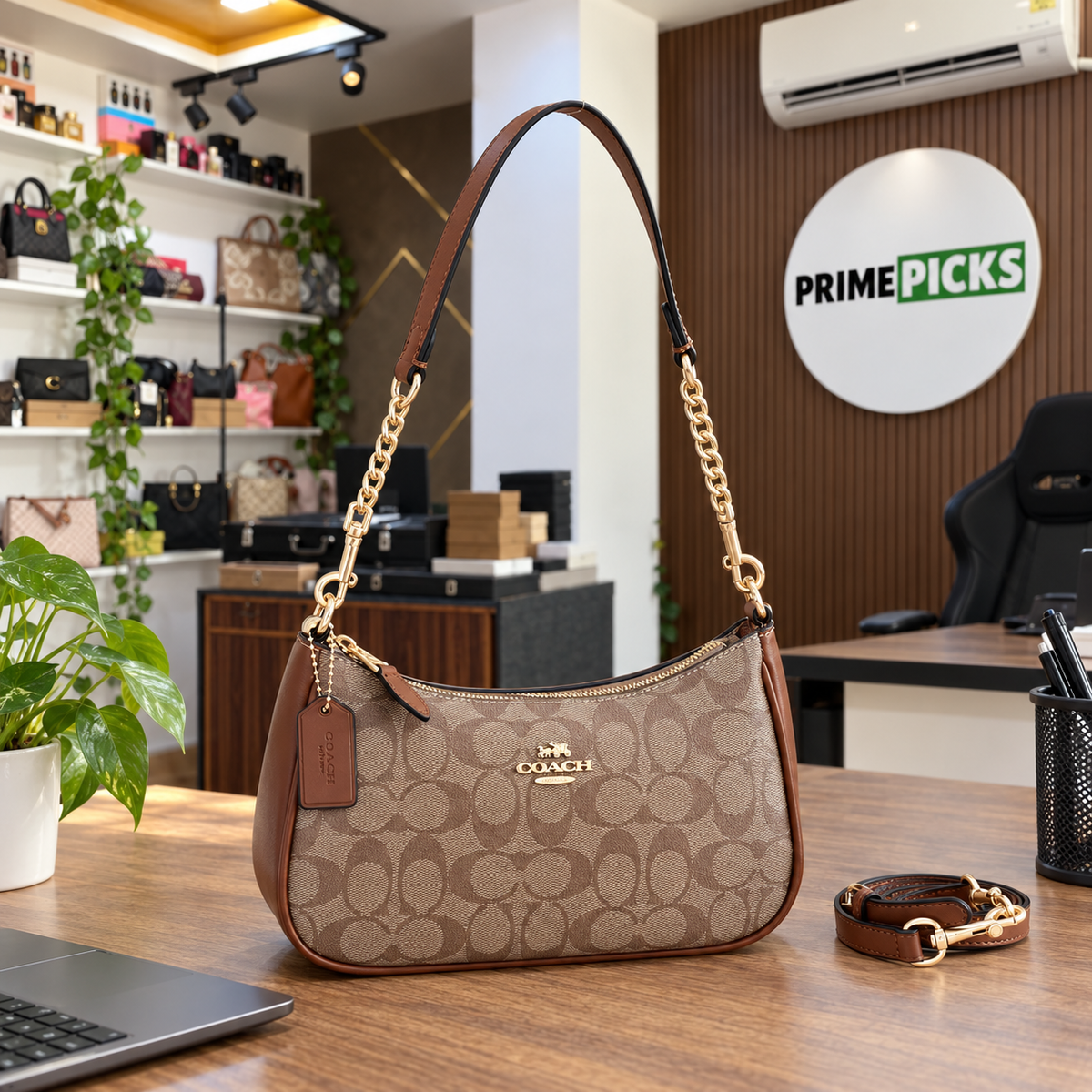 Coach Teri shoulder bag in Khaki/Saddle Signature at the PrimePicks office