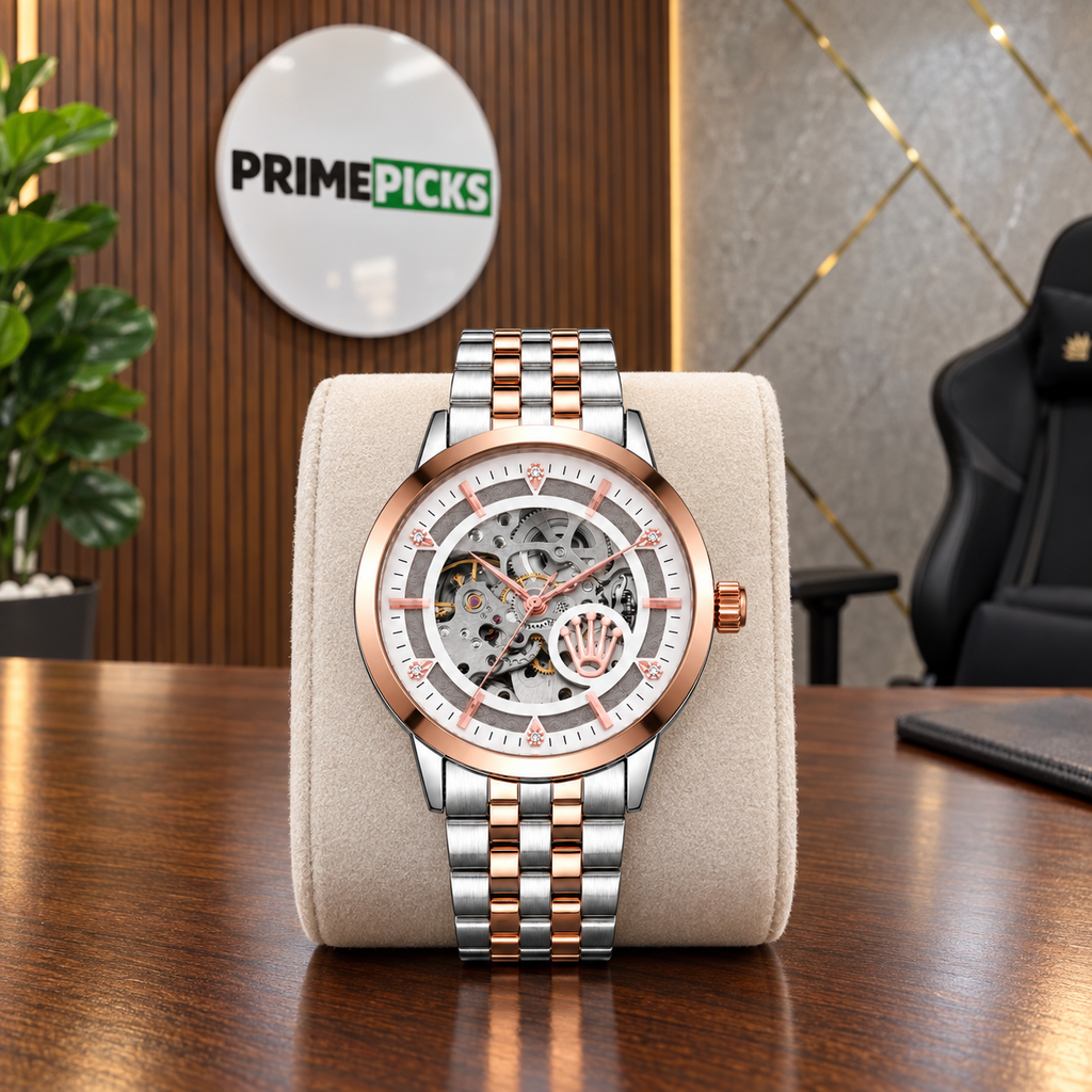 Rolex automatic skeleton watch in Silver Rose Gold and White in the PrimePicks office