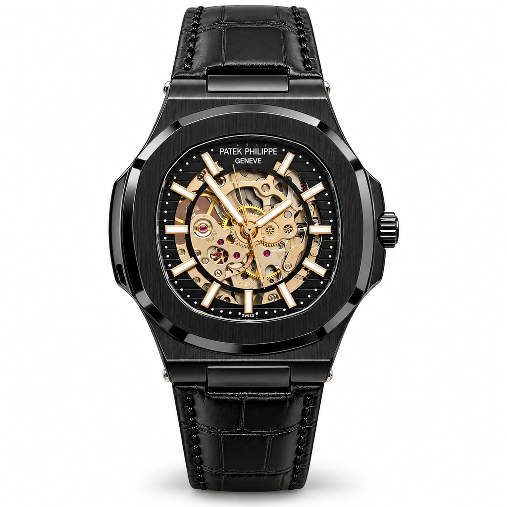 Patek Philippe Nautilus-inspired automatic skeleton watch - Full Black - white background