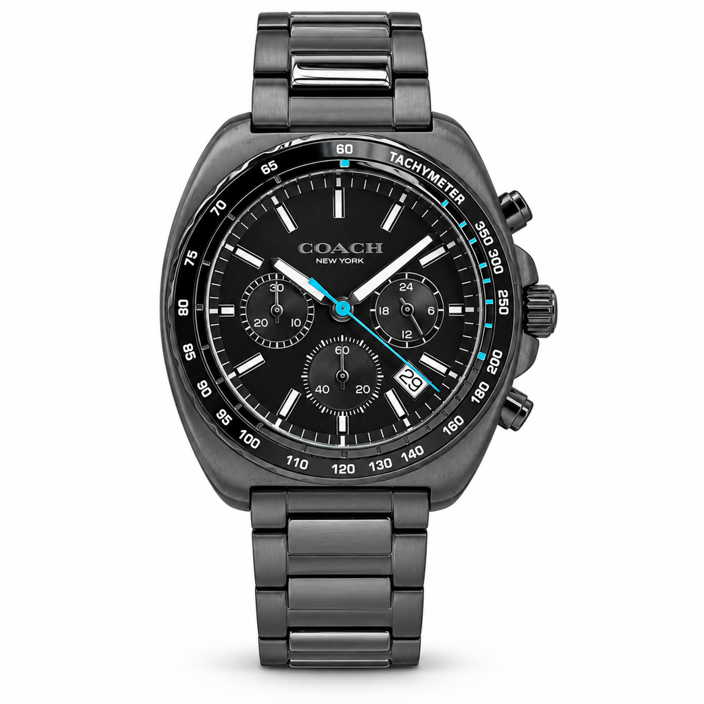 Coach Charter 14602738 gunmetal black watch with turquoise accents on white background