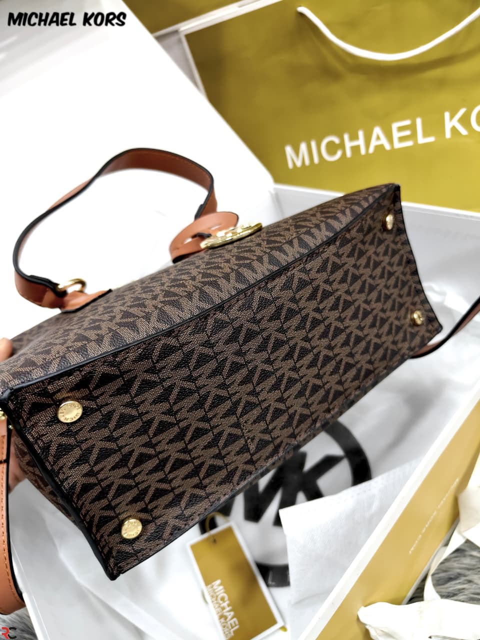 Michael Kors Emma Brown Signature handbag base detail