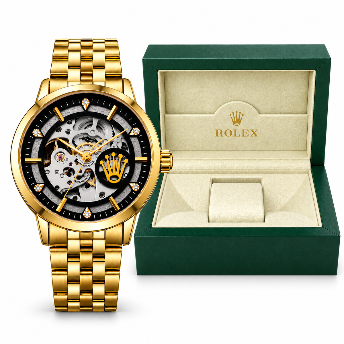 Gold and Black Rolex automatic skeleton watch with OG box