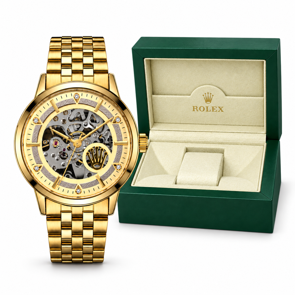 Gold and Champagne Rolex automatic skeleton watch with OG box