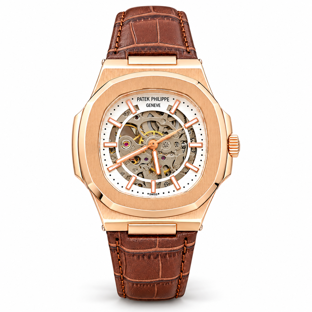 Patek Philippe Nautilus-inspired automatic skeleton watch - Rose Gold White - white background