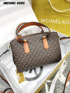 Michael Kors Emma Brown Signature handbag rear view with branded box