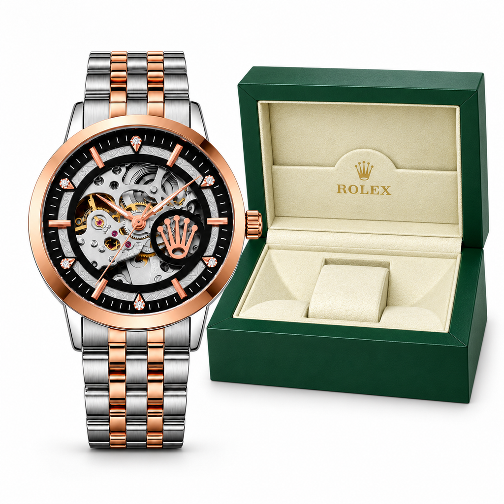 Silver Rose Gold and Black Rolex automatic skeleton watch with OG box