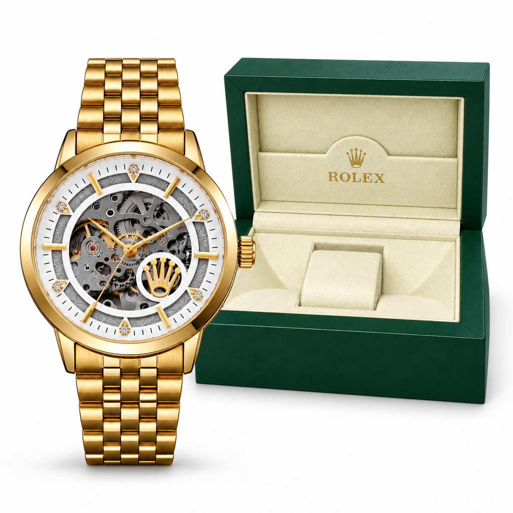 Gold and White Rolex automatic skeleton watch with OG box