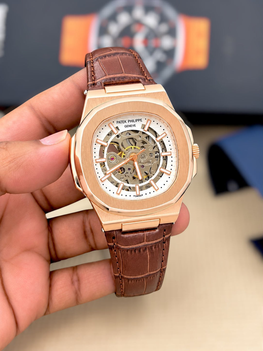 Patek Philippe Nautilus-inspired automatic skeleton watch - Rose Gold White - supplier photo