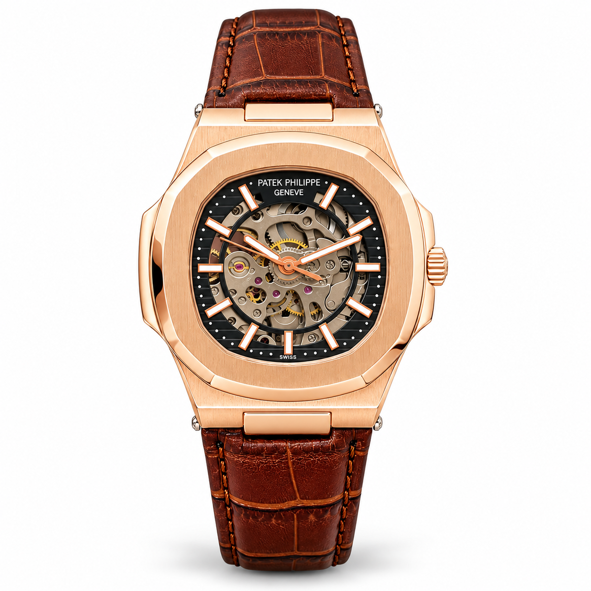 Patek Philippe Nautilus-inspired automatic skeleton watch - Rose Gold Black - white background