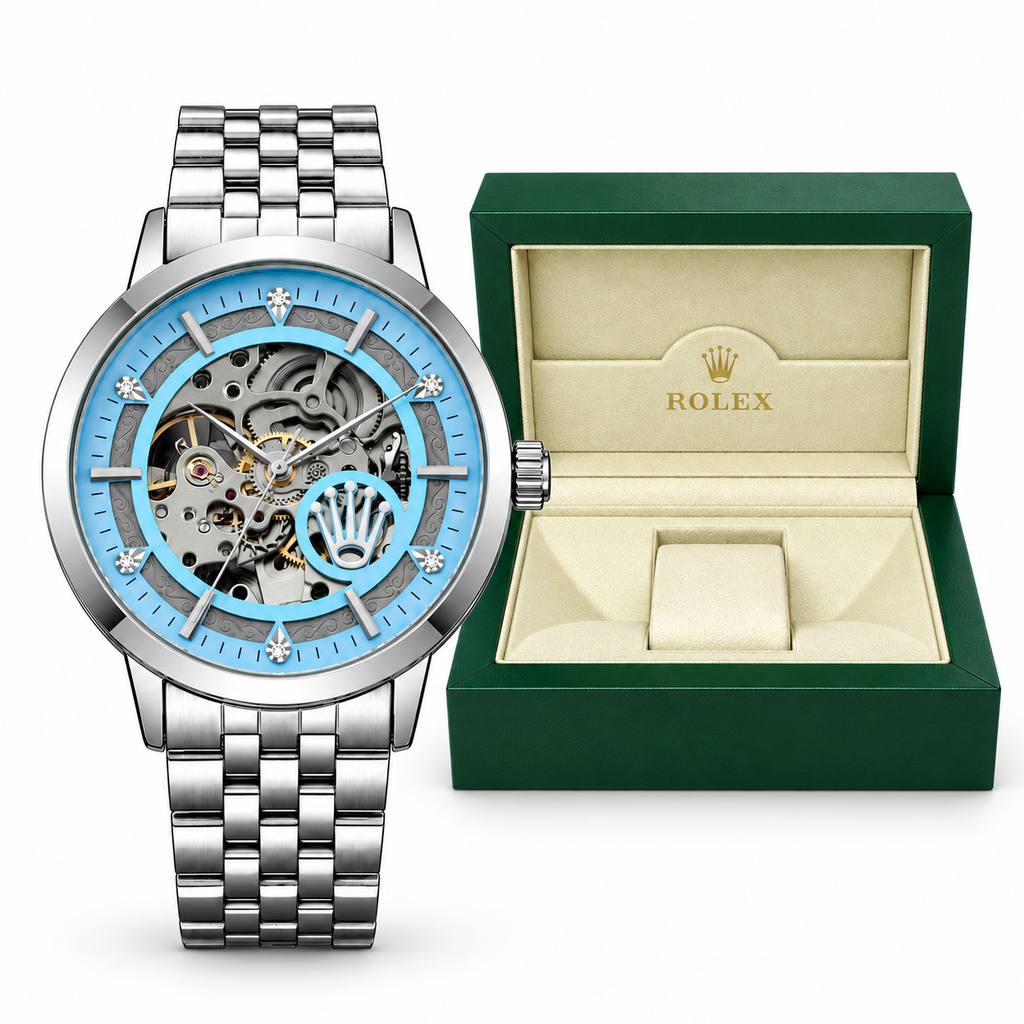Silver and Sky Blue Rolex automatic skeleton watch with OG box