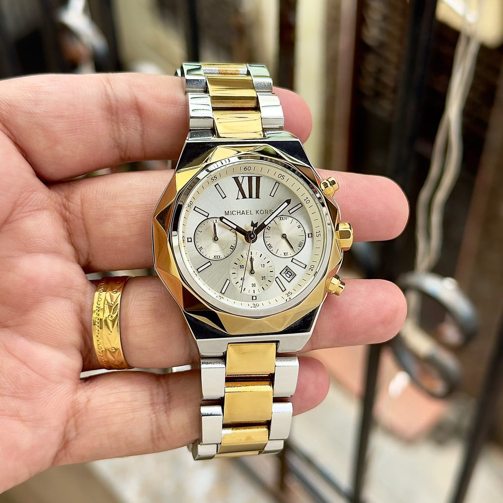 Original supplier image of silver and gold-tone Michael Kors watch