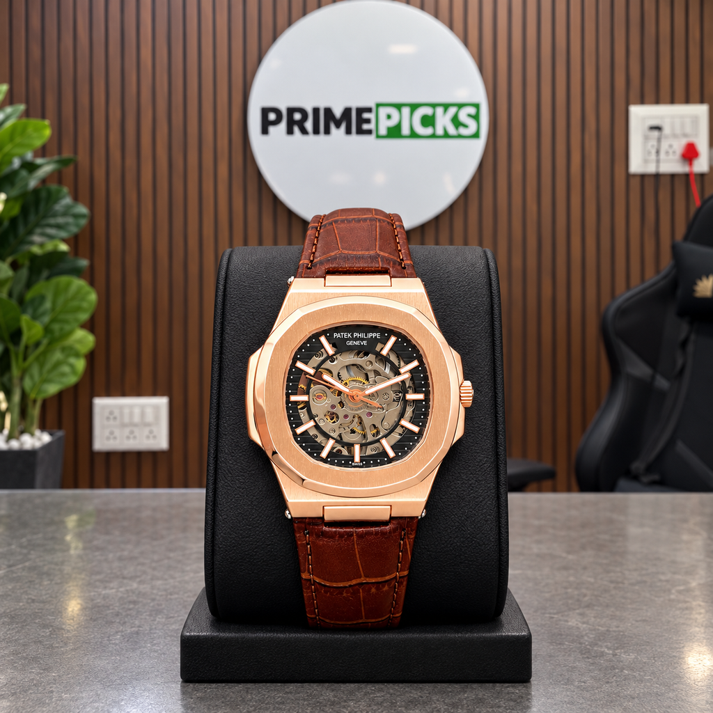 Patek Philippe Nautilus-inspired automatic skeleton watch - Rose Gold Black - PrimePicks office