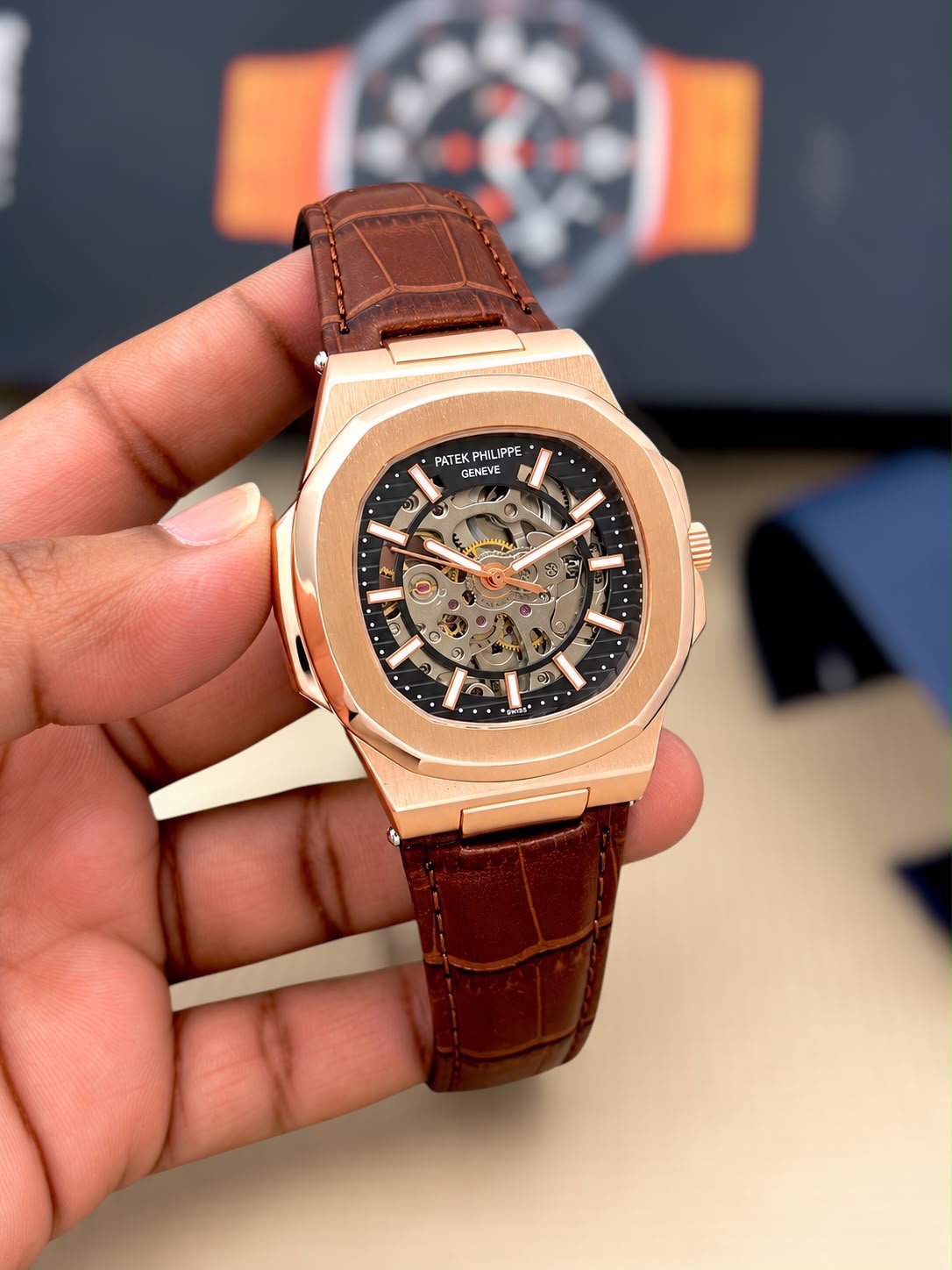 Patek Philippe Nautilus-inspired automatic skeleton watch - Rose Gold Black - supplier photo
