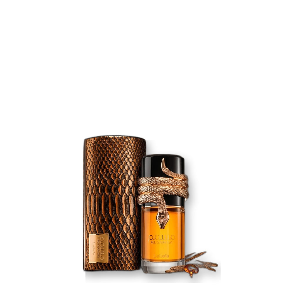 Lattafa Musamam – Amber Bottle on white background