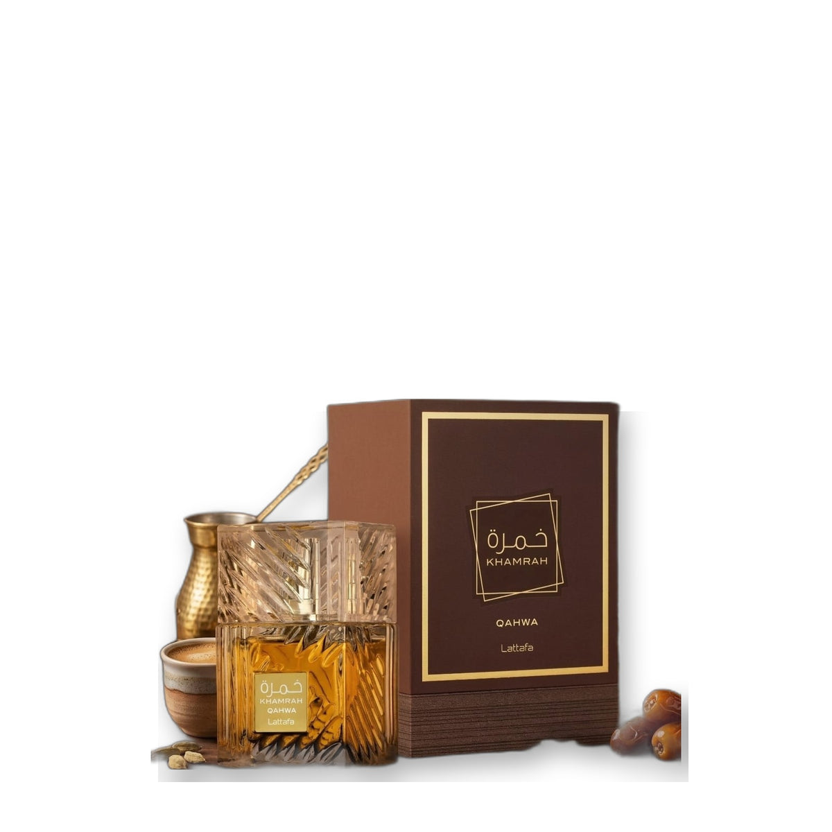 Lattafa Khamrah Qahwa Eau de Parfum 100 ml on white background