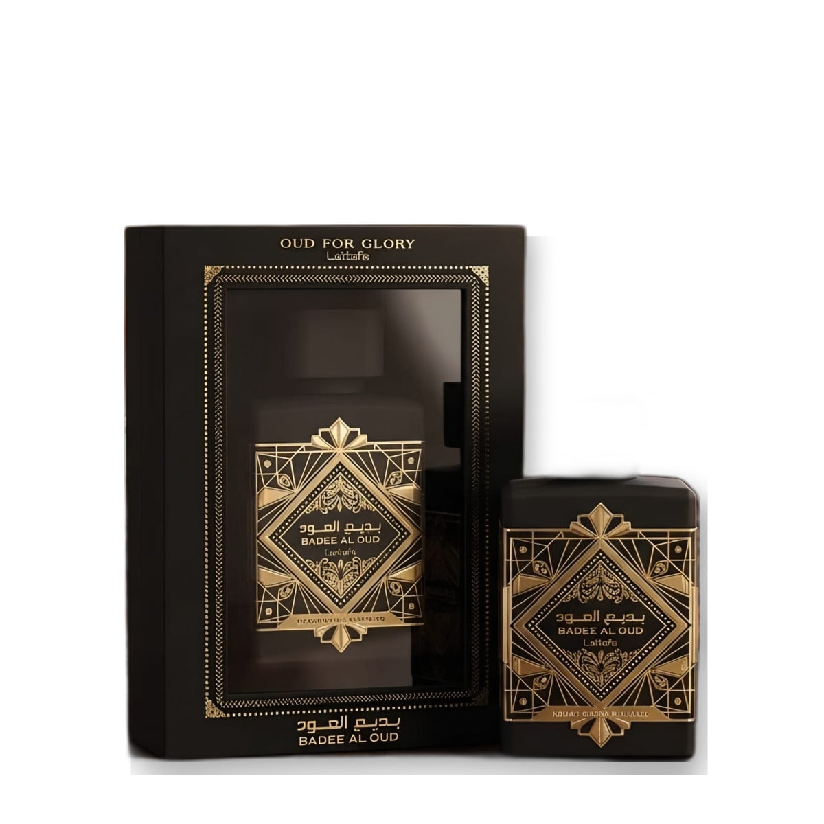 Lattafa Badee Al Oud Oud for Glory Eau de Parfum on white background