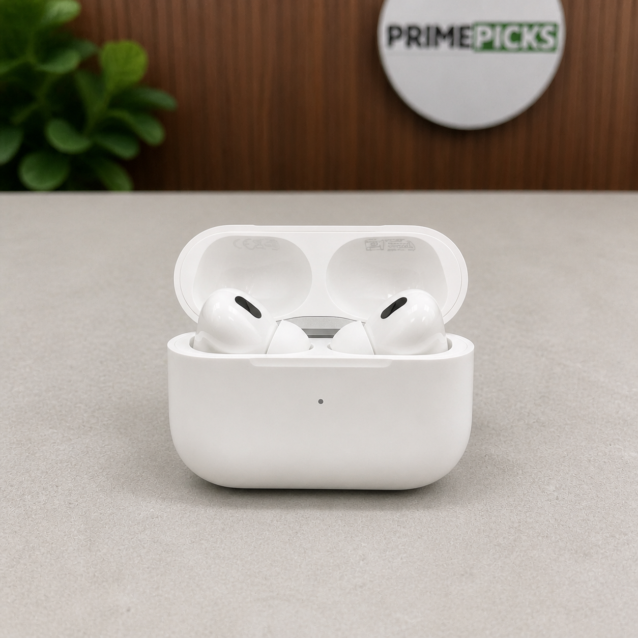 PrimePicks wireless earbuds seated in open charging case