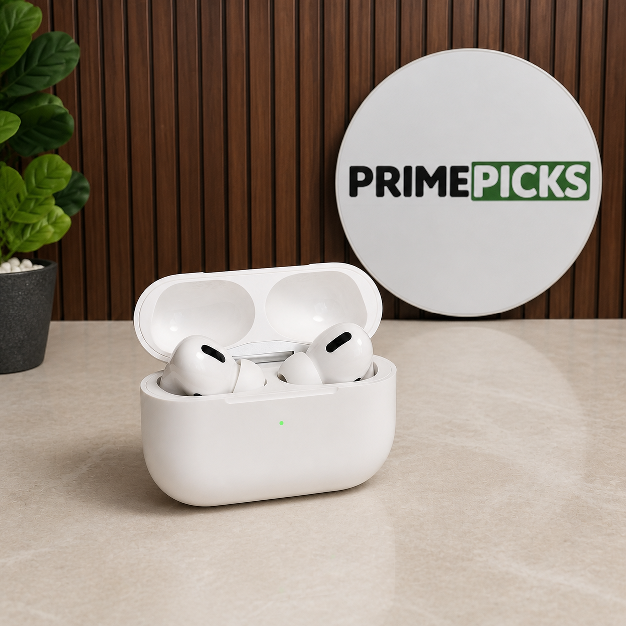 PrimePicks white replica-style Lightning earbuds beside the complete round PrimePicks logo board
