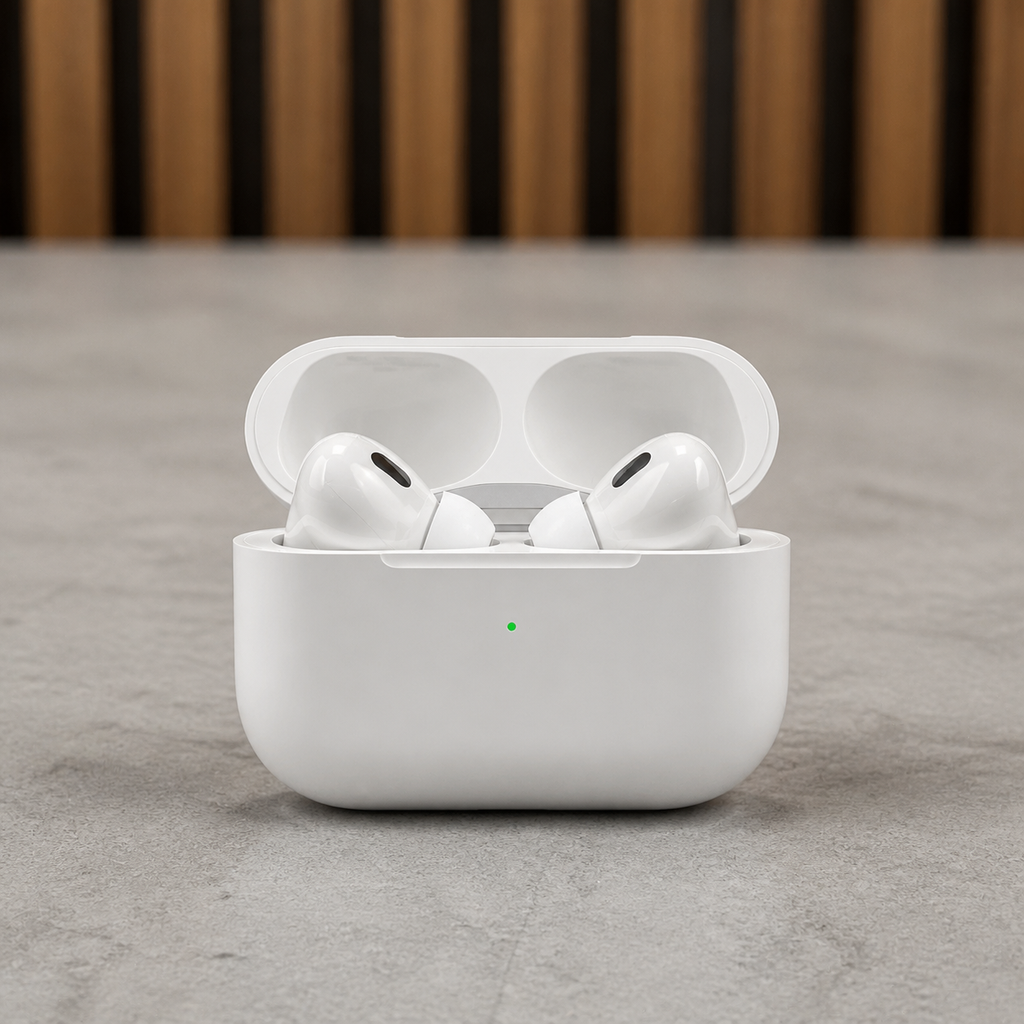 PrimePicks white wireless earbuds seated in open charging case, front hero view