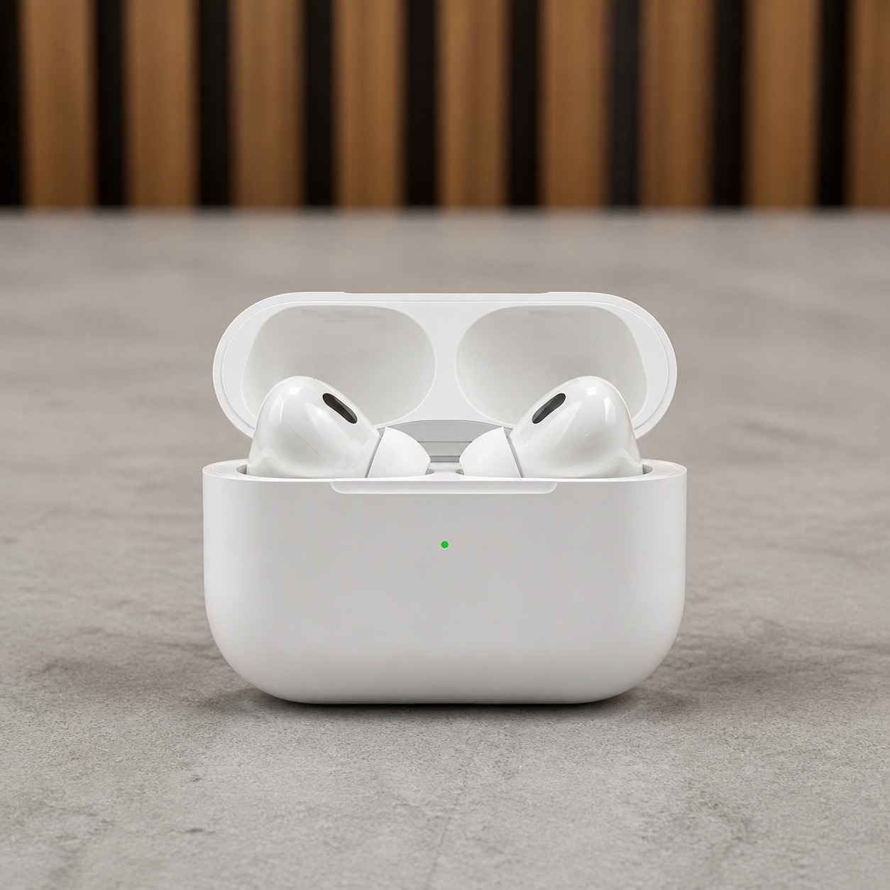 PrimePicks white wireless earbuds seated in open charging case, front hero view