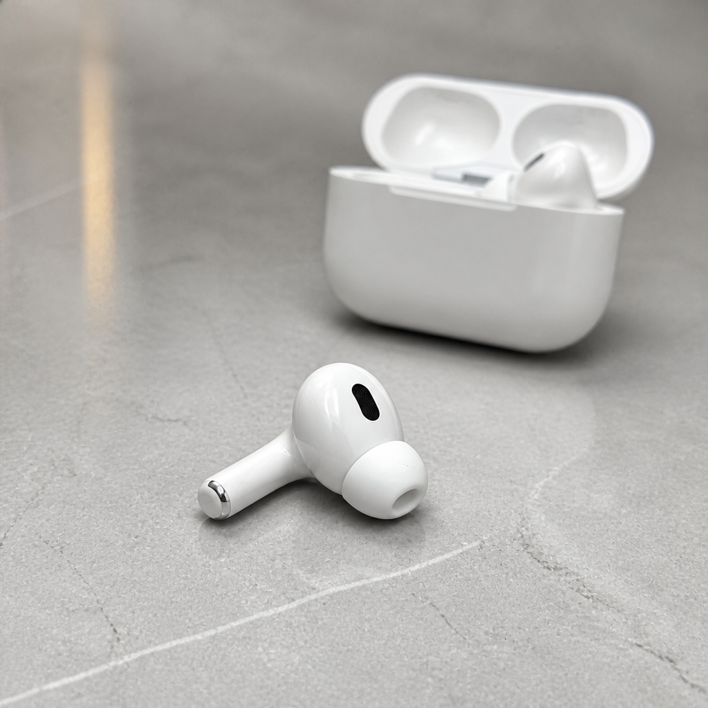 PrimePicks white wireless earbud with silicone tip and black vent, close detail