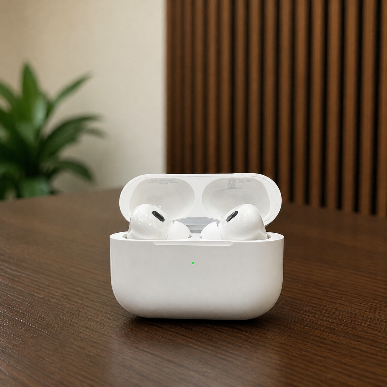 PrimePicks white wireless earbuds in charging case on walnut office desk