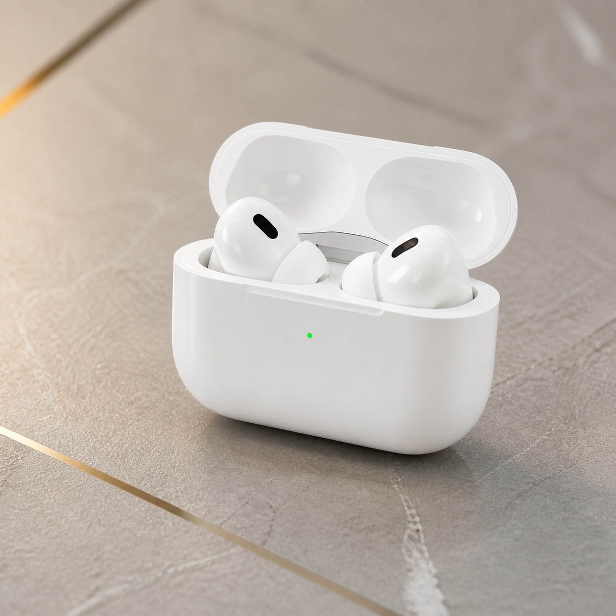 PrimePicks white replica-style wireless earbuds and charging case, slight angle view
