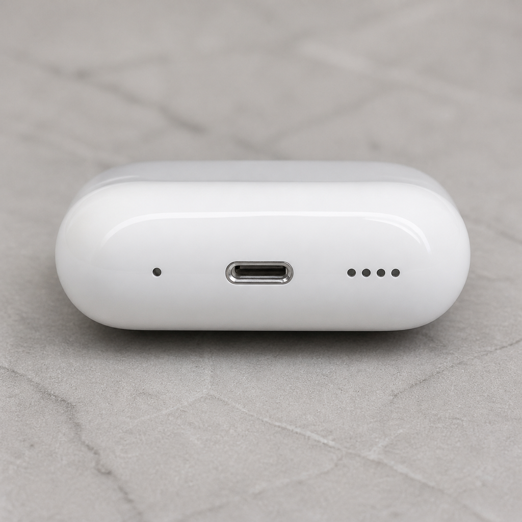 PrimePicks white charging case bottom port and exact hole pattern detail