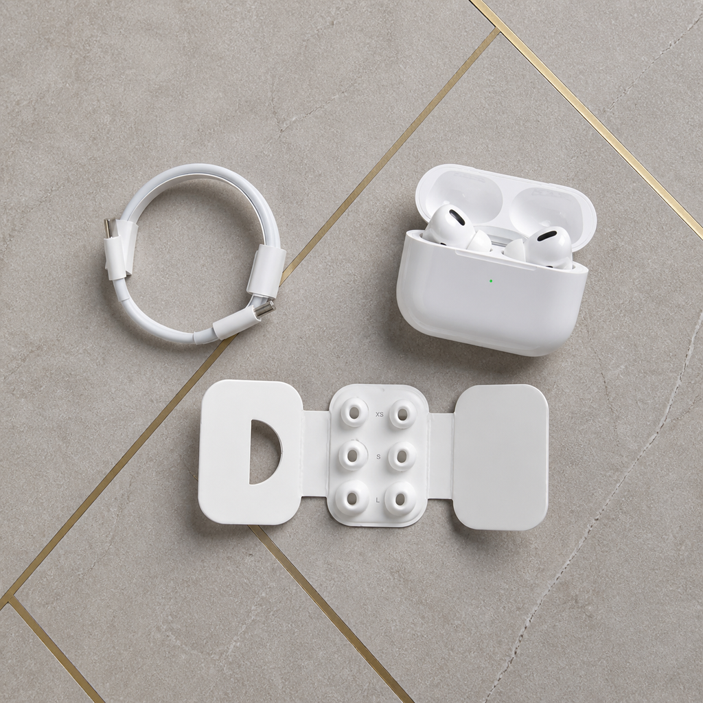 PrimePicks white earbud set with short cable and six spare tips in XS, S and L pairs