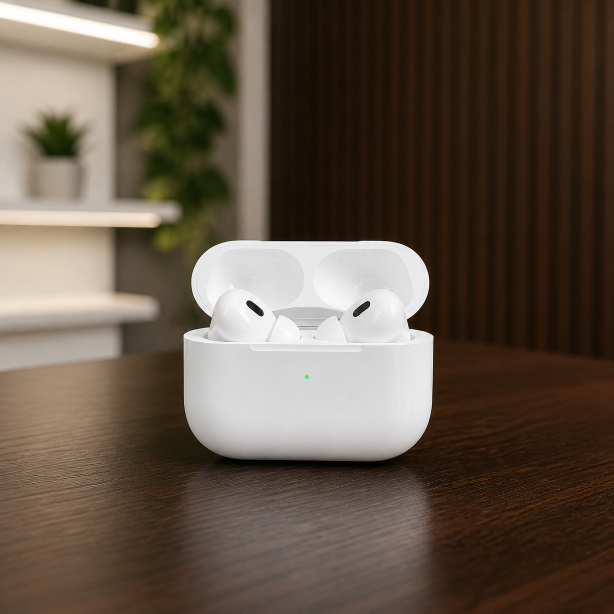 PrimePicks white replica-style wireless earbuds in the PrimePicks office setting